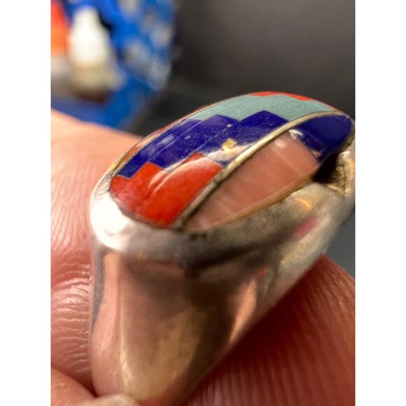 Vintage dead stock 925 Sterling Silver Southwest Mosaic Inlay Ring Size 7 - Picture 7 of 15